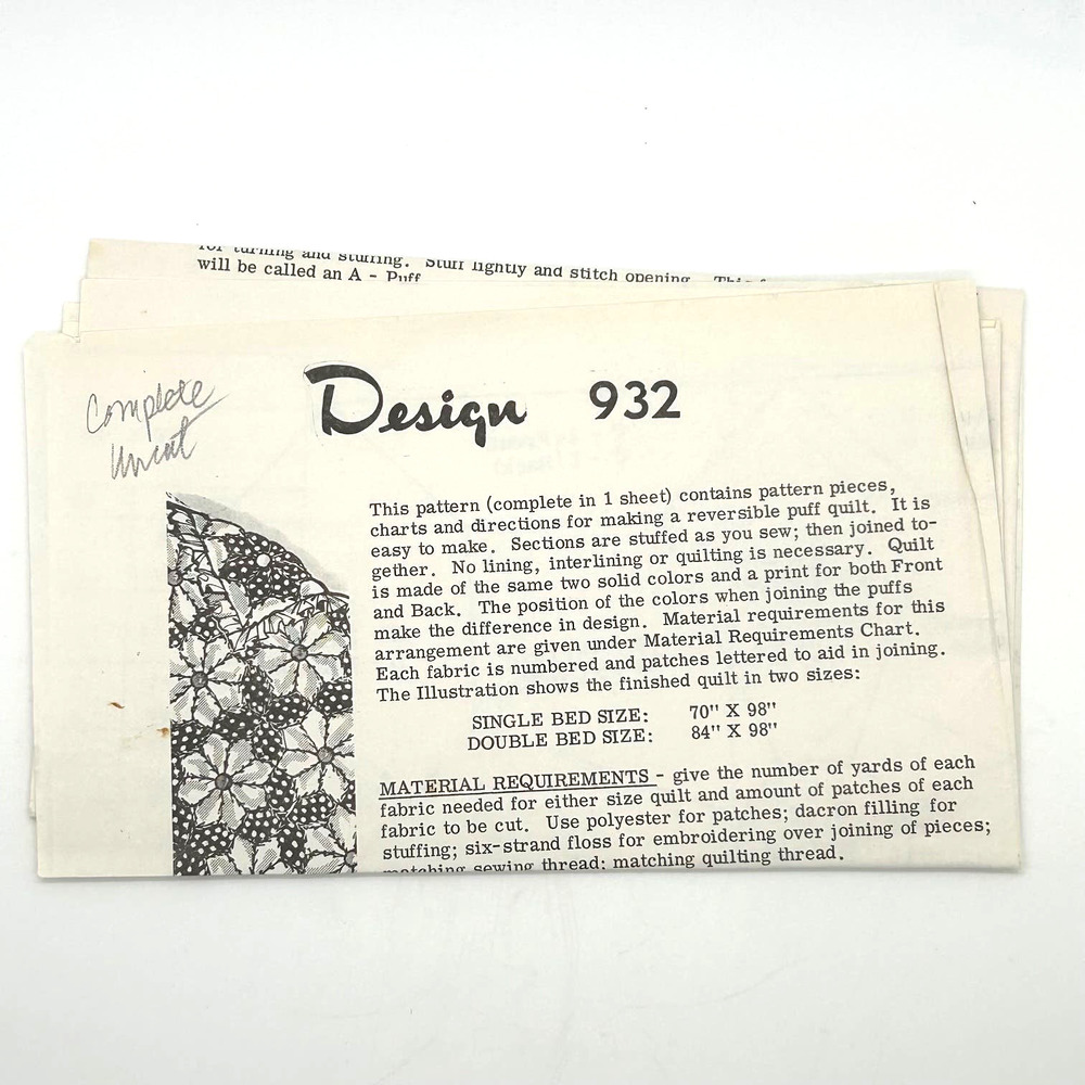 Vintage Reversible Puff Quilt Pattern #932 HTF‎ RARE